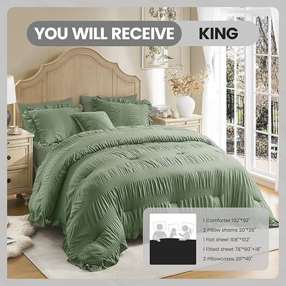 QUIETSEA King Comforter Set Seersucker 7 Pieces Luxury Ruffle Bed in a Bag King Size for All Season Green Bedding Set with Comforter, Pillowcases, Flat Sheet, Fitted Sheet and Pillow Shams