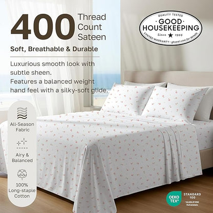 California Design Den Printed Twin XL Sheet Sets - 400 Thread Count Sateen, Natural 100% Cotton Bed Sheets, Deep Pockets, and Durable Bedding Set - Soft Floral