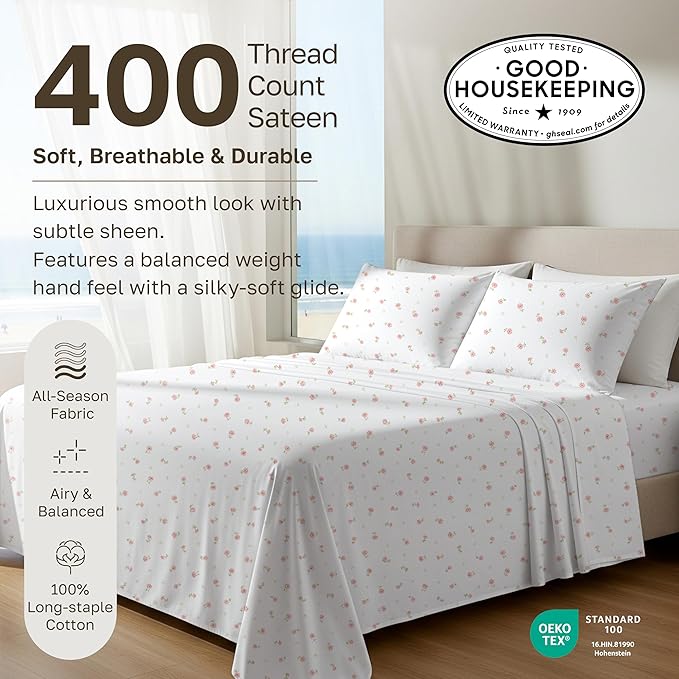 California Design Den Deep Pocket Twin Sheets Set - 400 Thread Count Sateen, Natural 100% Cotton Sheets, and Durable Bedding Set - Soft Floral