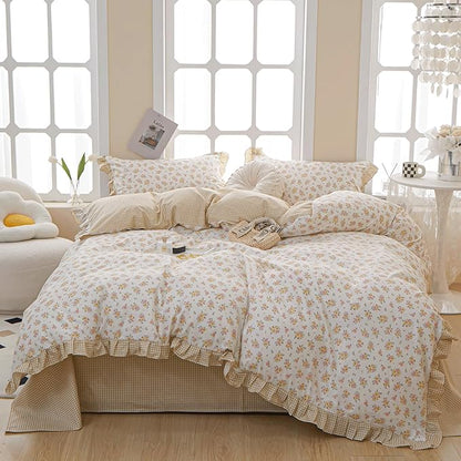 VM VOUGEMARKET Reversible Ruffle Comforter Set Queen,3 Pieces Shabby Chic Coquette Cottagecore Yellow Pink Flower Comforter with 2 Lace Pillow Shams,Queen Size