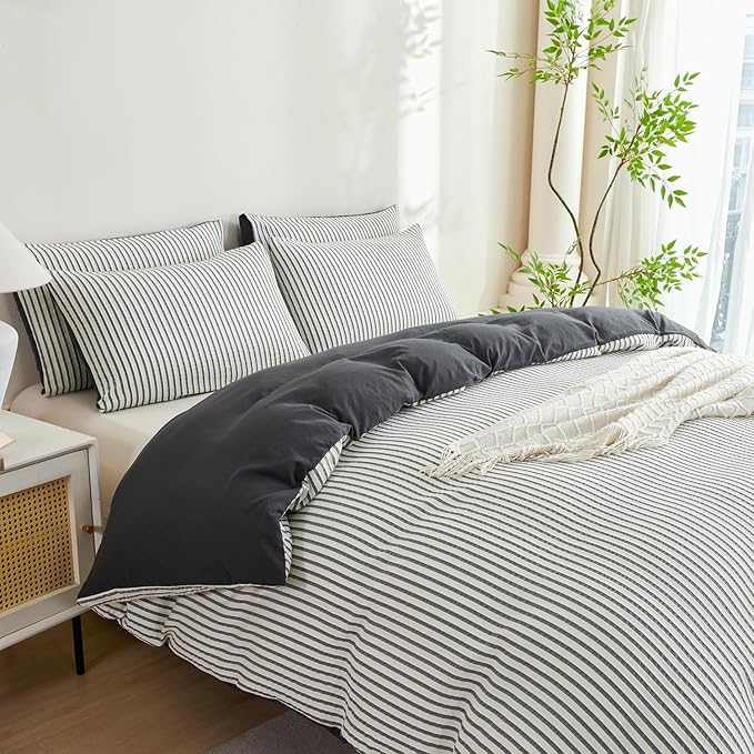 Dark Grey Comforter Set Queen Striped Washed Microfiber 3 Pieces Jacquard Bedding, White & Grey Vertical Ticking Stripes Comforter with 2 Pillowcases, Luxury Soft Breathable Durable Comfy