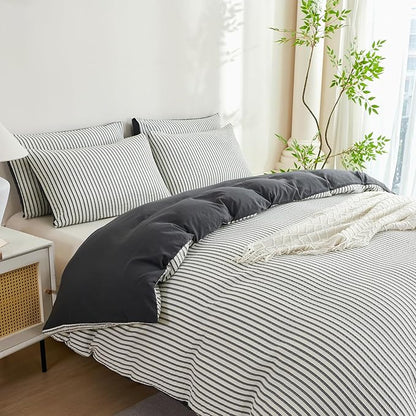 Dark Grey Comforter Set Queen Striped Washed Microfiber 3 Pieces Jacquard Bedding, White & Grey Vertical Ticking Stripes Comforter with 2 Pillowcases, Luxury Soft Breathable Durable Comfy