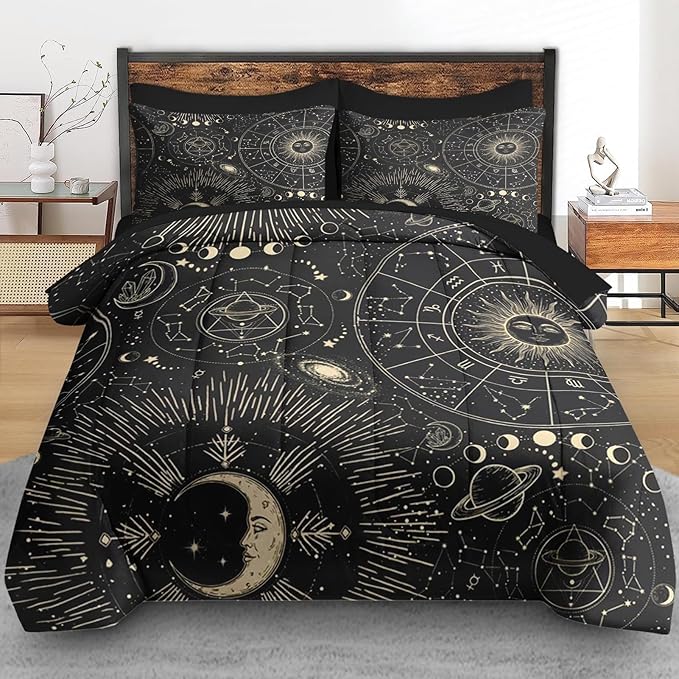 Comforter Set King Size, Sun Moon Astrology 7 Pcs Bedding for Kids and Adults, Space Science Galaxy Retro Bed Sheet Sets with Fitted Sheet 2 Pillowcases & 2 Shams for Bedroom Bed Decor