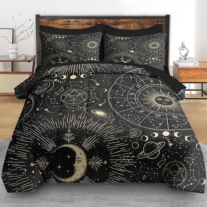 Comforter Set King Size, Sun Moon Astrology 7 Pcs Bedding for Kids and Adults, Space Science Galaxy Retro Bed Sheet Sets with Fitted Sheet 2 Pillowcases & 2 Shams for Bedroom Bed Decor