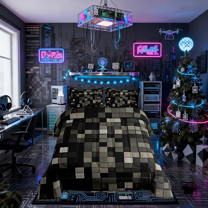 Manfei Pixelated Kids Comforter Set Twin Size,Patchwork Grid Video Games Bedding Set Boys Girls Room Decor,Lattice Abstract Simple Quilt Comforter,Dark Gray Duvet Set Bedroom Quilt Set,1 Pillowcase
