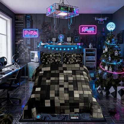 Manfei Pixelated Kids Comforter Set Twin Size,Patchwork Grid Video Games Bedding Set Boys Girls Room Decor,Lattice Abstract Simple Quilt Comforter,Dark Gray Duvet Set Bedroom Quilt Set,1 Pillowcase