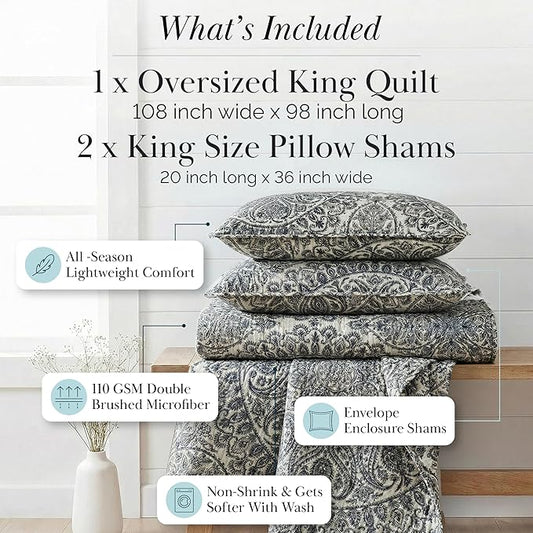 Southshore Fine Living, Inc. Ashanti Collection Oversized King Quilt Bedding Set, Soft Fabric, Lightweight Bedspread 3-Piece, Two Matching Shams (108 in Wide x 98 in Long), King/California Size, Grey