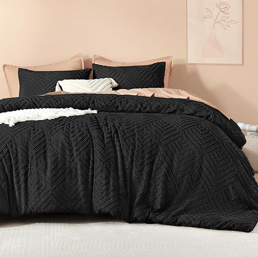 Litanika Super King Plus Comforter Black, 3 Pieces Tufted Boho Farmhouse Bedding Comforter Set, Lightweight Fluffy All Season Comforter Set (120x128In Comforter & 2 Pillowcases)