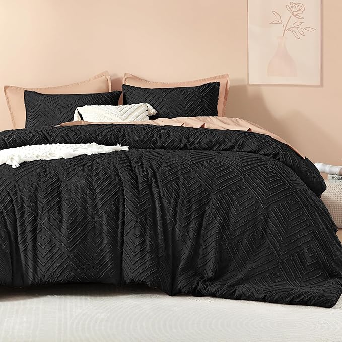 Litanika Oversized King Comforter Set Black, 3 Pieces Tufted Boho Farmhouse Bedding Comforter Set, Lightweight Fluffy All Season Comforter Set (120x98In Comforter & 2 Pillowcases)