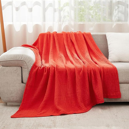 EMME Cotton Muslin King Blanket Bed Layering Breathable Gauze Blanket Soft Lightweight Blankets Adults (Orange Rust, 108"x90")