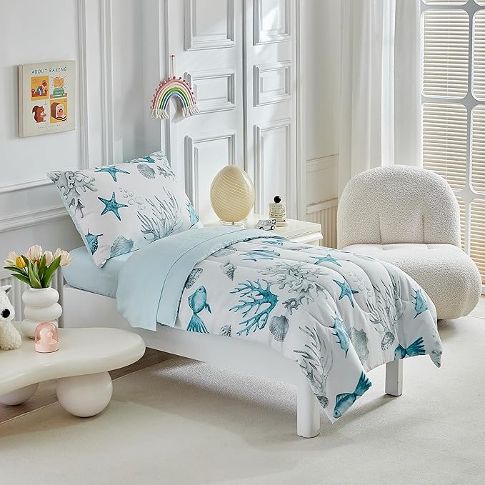 White Toddler Bedding Set for Boys Girls Water Blue Colorful Ocean Starfish Shell Aquatic Plant 4PC Toddler Bed Set - Soft Blue Cute Toddler White Bed in a Bag with Sheet Set and Pillow Shams