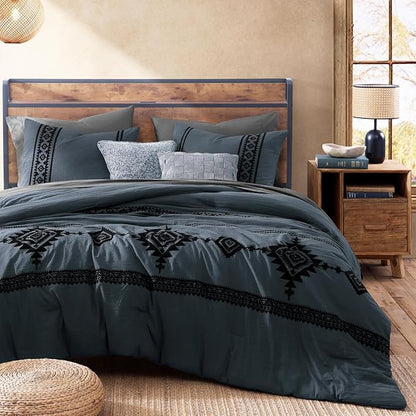 MaiRêve California King Comforter Set Blue Grey, Embroidery Western Bedding Set Boho 7 Pieces, Farmhouse All-Season Bed in A Bag with Sheets, Pillowcases & Shams