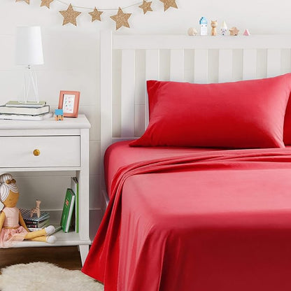 Amazon Basics Kid's Soft, Breathable, Machine Washable Microfiber 3-Piece Sheet Set with Pillowcase, Twin, Red, Solid