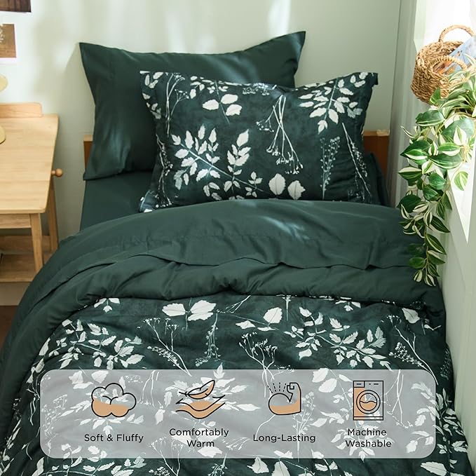 Bedsure Forest Green Twin XL Comforter Set - 5 Pieces Floral Bedding Sets Twin XL Bed in a Bag with Reversible Botanical Flowers Comforter, Sheets, Pillowcase & Sham