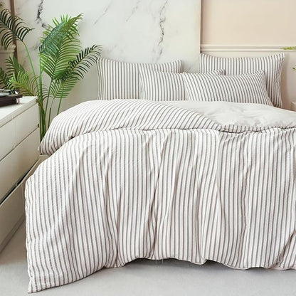 Grey Comforter Set King Soft Luxury Washed Microfiber Jacquard 3 Pieces Bedding, White Grey Vertical Ticking Stripes Pattern Comforter with 2 Pillowcases Breathable Durable Comfy
