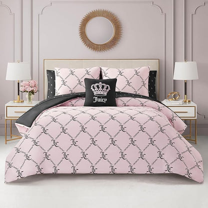 Juicy Couture Light Pink/Black Link Logo Printed Comforter Set, Full – Complete 8-Piece Bed in a Bag Collection