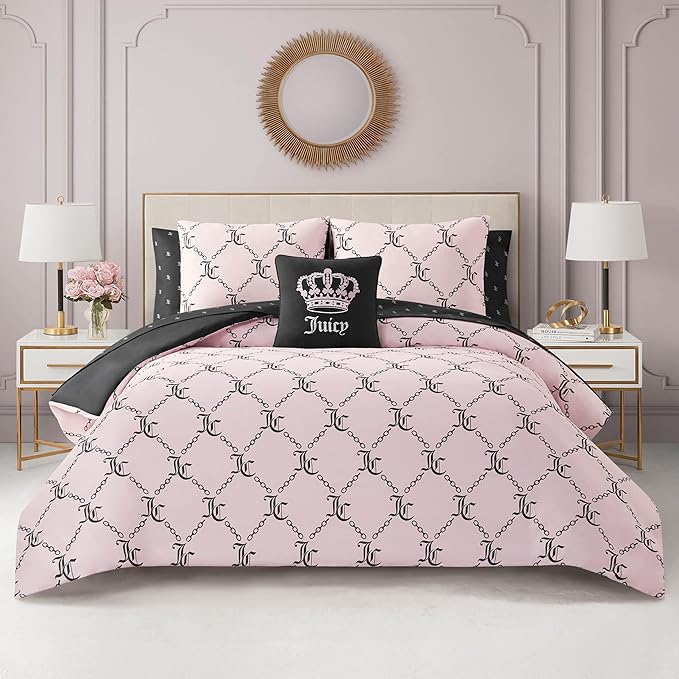 Juicy Couture Light Pink/Black Link Logo Printed Comforter Set, Twin – Complete 6-Piece Bed in a Bag Collection
