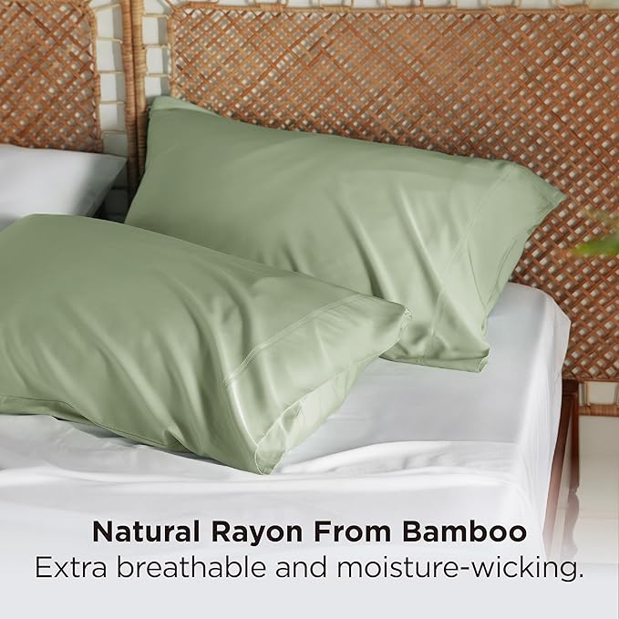 Bedsure Pillow Cases Standard Size, Cooling Pillow Cases, Rayon Derived from Bamboo Sage Green Pillowcases Standard Set of 2, PureWoven Silky Soft Pillow Covers with Envelope Closure, 20x26 Inches