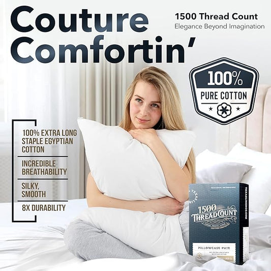 TEXAS LINEN CO. 100% Egyptian Cotton Pillow Cases King Size Set of 2 - Luxury 1500 Thread Count Sateen Weave Ivory Pillow Covers, Silky Soft, Breathable & Cooling Pillowcases, Fits King Size Pillows