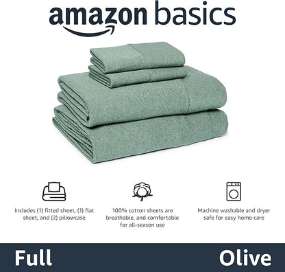 Amazon Basics 100% Cotton Jersey Bed Sheet Set, Full, Olive (Melange), Solid