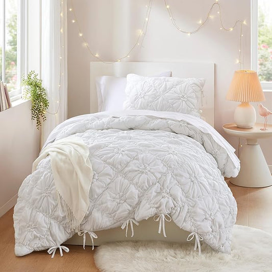 Intelligent Design Twin Comforter Set – White Lily Puffy Floral Shabby Chic Boho Bedding for Girls, Ultra-Soft, Lightweight & All-Season, Twin