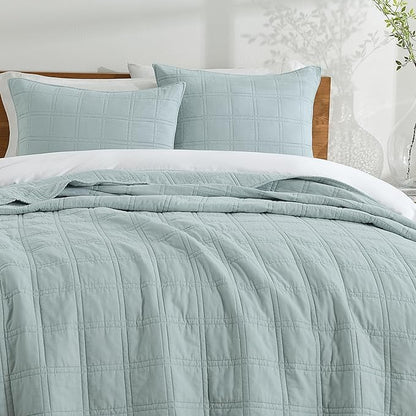 HORIMOTE HOME 100% Cotton Quilt Set King Size, Paleturquoise Pre-Washed Bedspreads Coverlet Set in Geometric Pattern, Cozy Lightweight Stitching Decorative Bedding Cover with 2 Shams for All Season