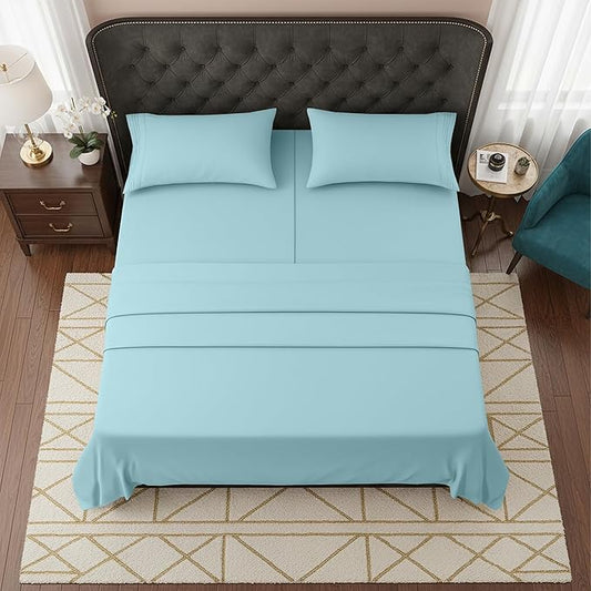 Elegant Comfort Luxurious 1500 Premium Hotel Quality Microfiber Three Line Embroidered Softest 5-Piece Bed Sheet Set, Wrinkle and Fade Resistant, Split King, Aqua