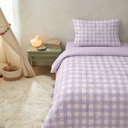 Light Purple Bowknot Comforter Set Twin Size for Girls, Gingham Bedding with Heart Pattern, 2 Pcs Checkered Plaid Quilted Comforter Set with 1 Pillowcase, 68"x86"