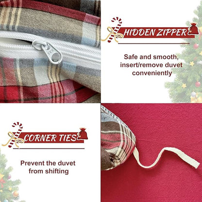 EAVD Vintage Red Brown Buffalo Plaid Duvet Cover Twin 100% Wasehd Cotton Plaid Bedding Set with Grid Checkered Pattern Farmhouse Gingham Duvet Cover with Zipper Closure 2 Pillowcases for All-Season