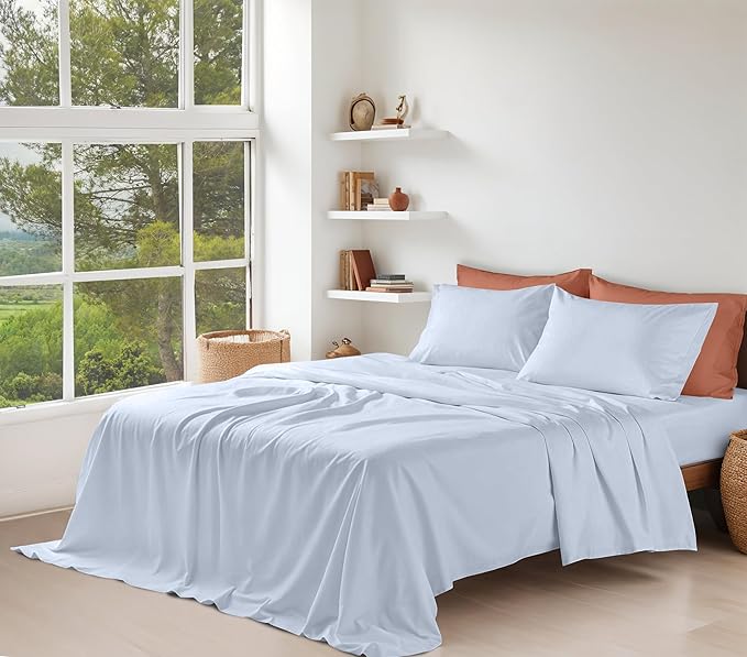 RUVANTI 100% Organic Cotton Sheets Queen Size, Percale Weave, GOTS Certified, 4-Piece Set, Deep Pocket 15", Crisp & Breathable, Soft Durable Bedding, Sábanas Algodón Orgánico – Arctic Ice