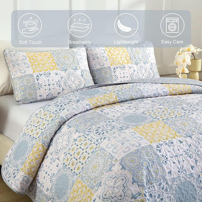 Dobuyly Full Size Quilt Set 3 Pieces, Blue/Yellow/Grey Patchwork Bedspreads, Boho Summer Coverlet Set, Soft Lightweight Microfiber Bedding Set for All Seasons 78"x90"