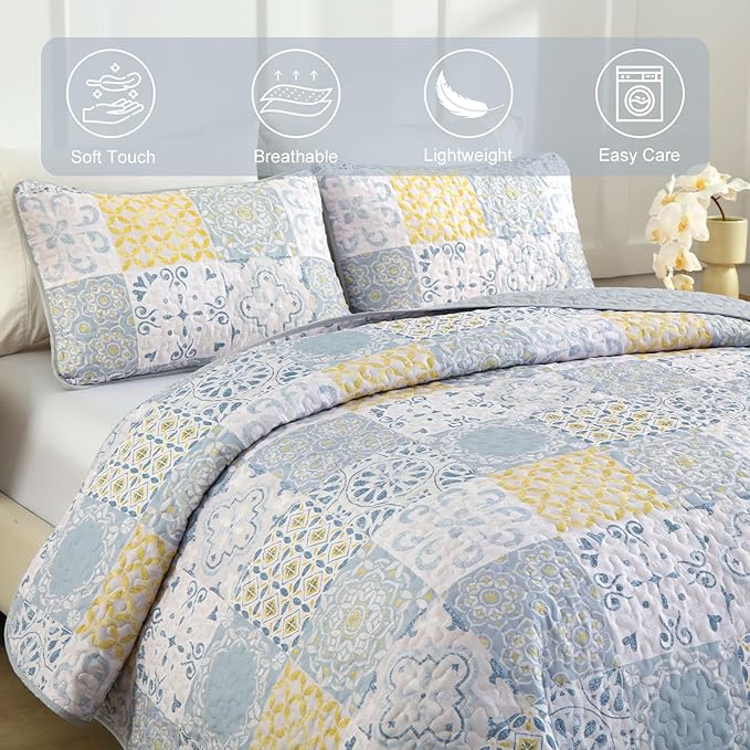 Dobuyly Queen Quilt Set 3 Pieces, Blue/Yellow/Grey Patchwork Bedspreads, Boho Summer Coverlet Set, Soft Lightweight Microfiber Bedding Set for All Seasons 96"x90"