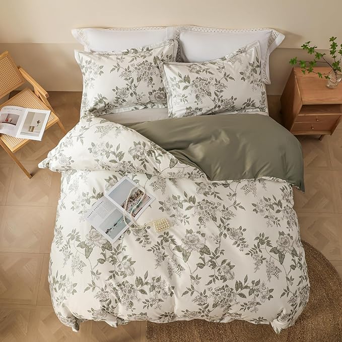 OAITE Duvet Cover Set Queen Size Floral Pattern 600 Thread Count Ultra Soft 100% Long Staple Cotton Duvet Cover Sets 3-PC, Breathable Duvet Cover with Zipper Closure & Corner Ties