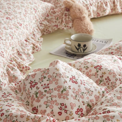 VM VOUGEMARKET Red Flower Comforter Set King Aesthetic Bedding Set Garden Style Blooming with Ruffled Pillow Shams for Girls Women Bed in a Bag King Comforter Set-104x90 Inch