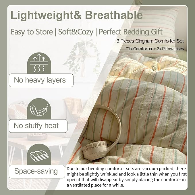 EAVD Vintage Colorful Striped Comforter Set King Soft Cotton 3-Piece Retro Vertical Striped Bedding Set with 2 Pillowcases Boho Geometric Comforter Set for All-Season(Orange&Yellow&Green, King)