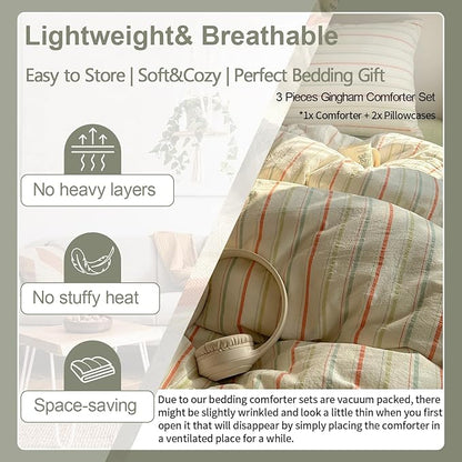 EAVD Vintage Colorful Striped Comforter Set King Soft Cotton 3-Piece Retro Vertical Striped Bedding Set with 2 Pillowcases Boho Geometric Comforter Set for All-Season(Orange&Yellow&Green, King)
