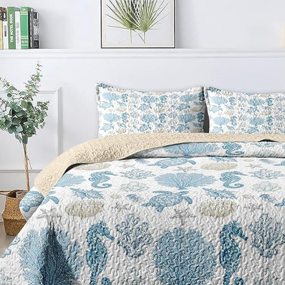 Quilt Set King Size, Sea Shell Coral Seahorse 3 Pcs Soft Bed Cover Bedding Set for Kids and Adults, Starfish Nautical Lightweight Bedspread Coverlet with Pillow Sham for All Season