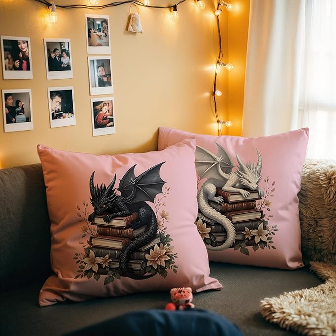 Vintage Magical Black White Dragon Reading Book Decor Throw Pillow Covers 18x18 Set of 2, Fantasy Room Decor for Kids, Gamers, and Bookworms,Reading Nook Decor, Gifts for Bookworm Readers(Pink)