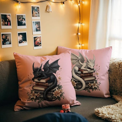 Vintage Magical Black White Dragon Reading Book Decor Throw Pillow Covers 18x18 Set of 2, Fantasy Room Decor for Kids, Gamers, and Bookworms,Reading Nook Decor, Gifts for Bookworm Readers(Pink)