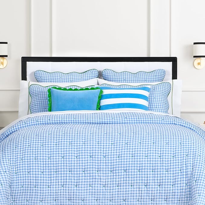 kate spade new york Joyful Gingham Euro Sham, 26" x 26" Spring Pillow Cover, Single Seersucker Cover, Machine Washable, Windy Blue