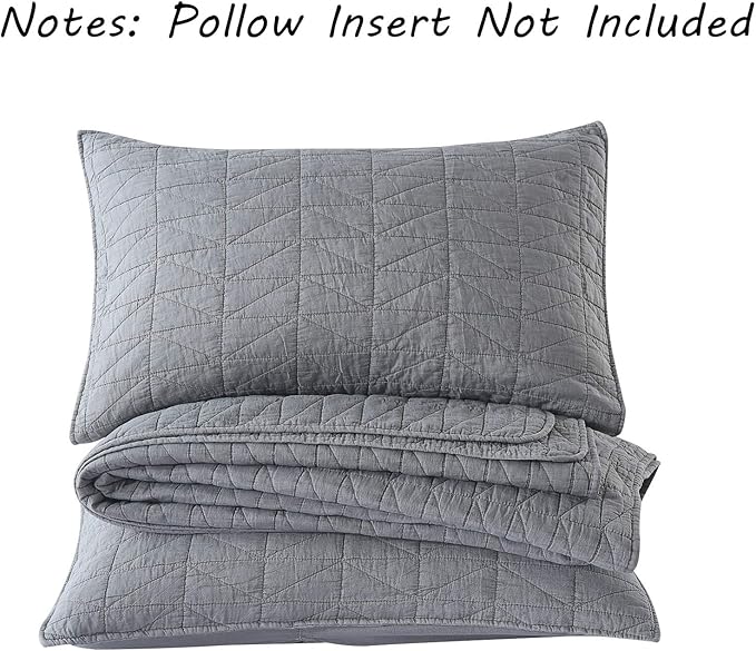 HORIMOTE HOME Quilt Set Twin Size, Stone-Washed Chic Rustic Grey Coverlet with Classic Triangle Stitched Pattern, Ultra Soft Lightweight Quilted Bedspread for All Season, 2 Pieces