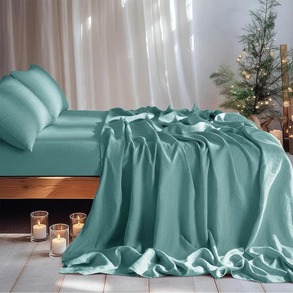 LBRO2M 100% Pure Linen Sheet Set Deep Pocket Up to 16" Bed Sheets Sets, Natural Flax Beddings Soft, Breathable, Comfortable for All Seasons 4 Pcs Sheet Set Queen Size, Aqua