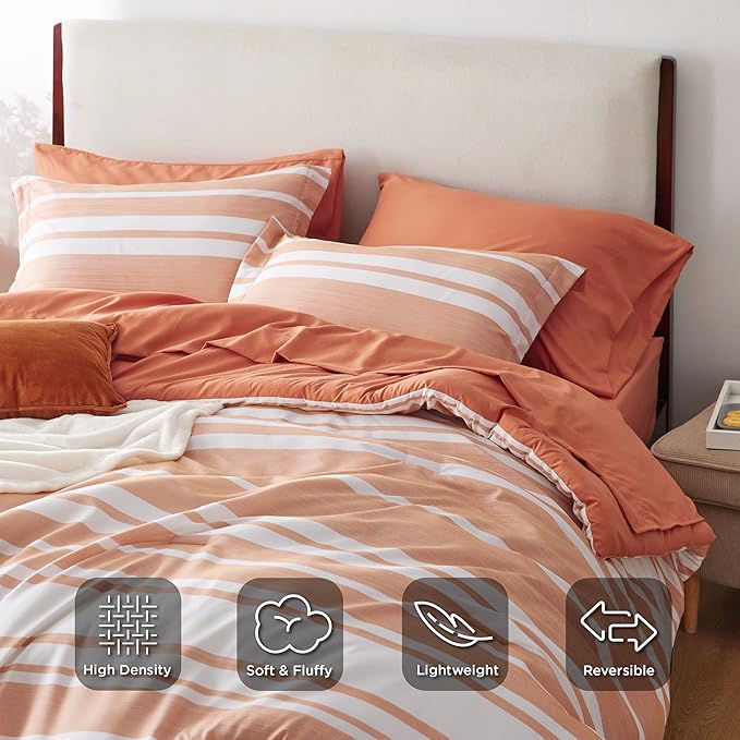 Bedsure Queen Comforter Set 7 Pieces, Burnt Orange Striped Bedding Set for All Seasons, Reversible, Cationic Dyeing Bed in a Bag with Comforter, Sheets, Pillowcases & Shams