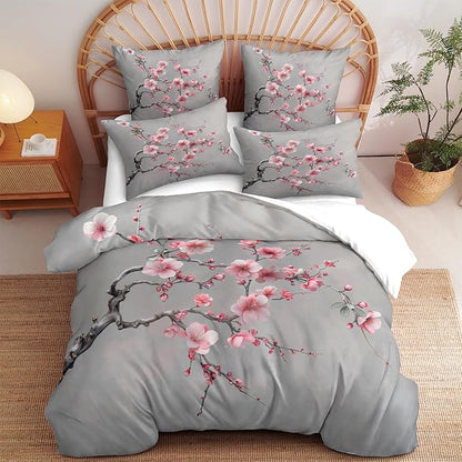 Cherry Blossom Comforter Set Queen Japanese Style Gray and Pink Floral Bedding Set Japan Bedroom Deccor Bedding Aesthetic Flower Branch Pattern, Ultra Soft Lightweight Comforter Sets