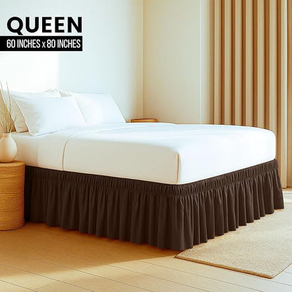Wrap Around Ruffle Queen Size Bed Skirt – Adjustable Buckle & Elastic Belt for Easy Installation, 16 Inch Drop – Brushed Microfiber - Machine Washable, Fade and Wrinkle Resistant, Brown