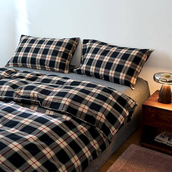 EAVD Vintage Black Plaid Gingham Comforter Set Twin XL Soft 100% Washed Cotton Black&Green&Red Grid Checkered Bedding Set with 2 Pillowcases Farmhouse Retro Plaid Comforter Set for All-Season