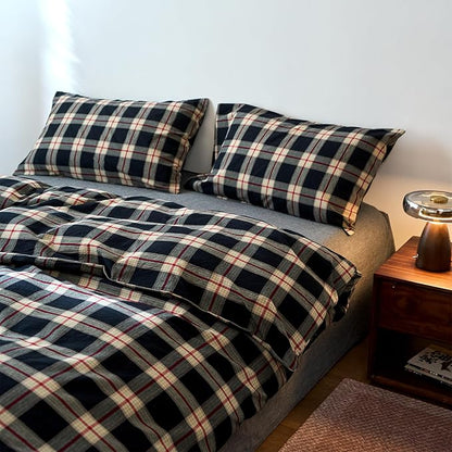 EAVD Vintage Black Plaid Gingham Comforter Set Twin XL Soft 100% Washed Cotton Black&Green&Red Grid Checkered Bedding Set with 2 Pillowcases Farmhouse Retro Plaid Comforter Set for All-Season