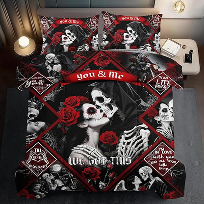 Red Skull Comforter Set Full Size Women Men Black Goth Bedding Set GirlsGothic Full Size Comforter Couple Red Rose Couple Bedding Boho Skull Quilt Bedroom Decor