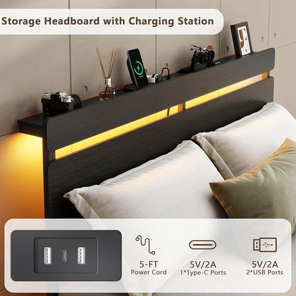 Forestell Full Size Bed Frame with Wood Headboard,2 Storage Drawers & Shelf | Built-in Charging Station & LED Lights, Metal Support, No Box Spring Needed, noise-free, easy assembly, Smart RGB, USB+Type-C