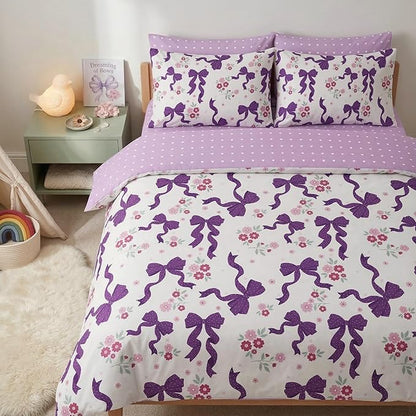 Purple Bow Comforter Set Full Size for Girls, 3Pcs Ribbon Bowknot Bedding for Kids Dreamy Priness Girly Bedroom Decor, Puple Floral Comforter Set with 2 Pillowcases, 79"x90"